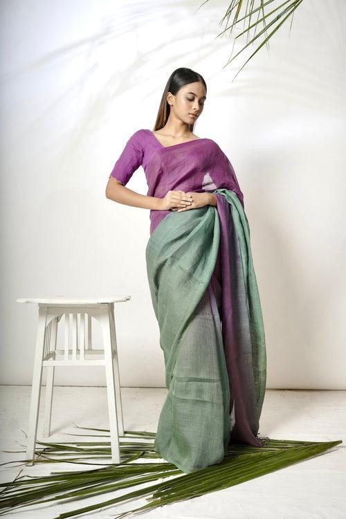 Meher I Green and Purple Linen Saree