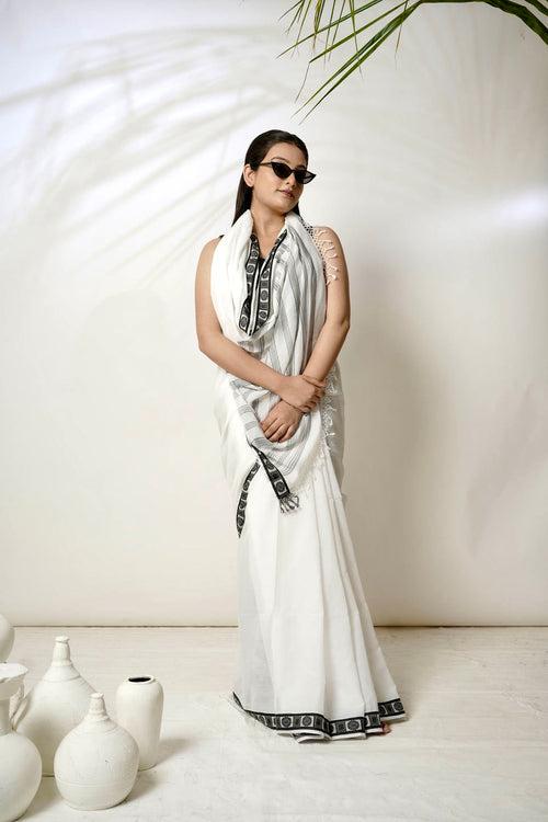 Ethereal I White cotton handloom saree with twill  border