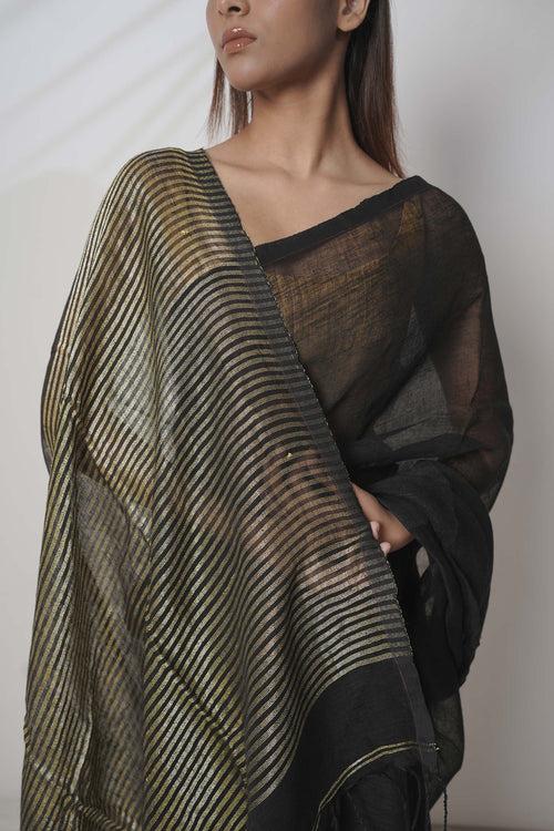 Kajal I Black Handloom Linen Saree