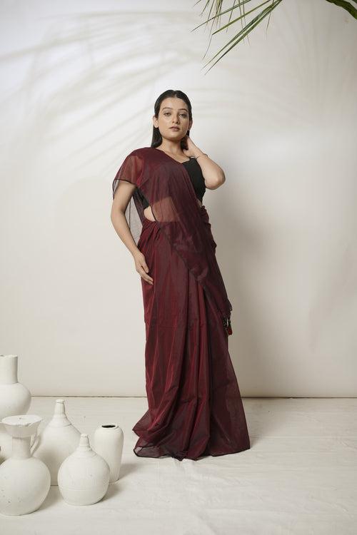 Marlo I Maroon mul cotton saree with red and green tassels