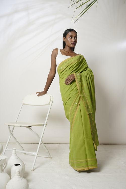 Pastoral I Light green Cotton Jamdani saree