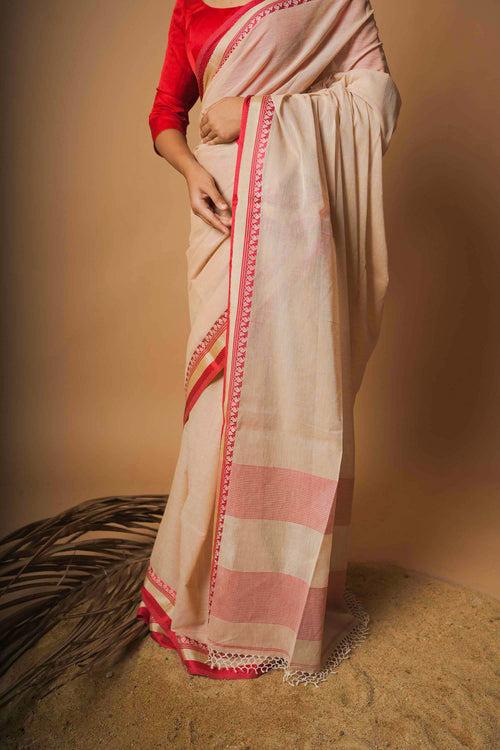 Terra I Beige cotton saree with  red  border