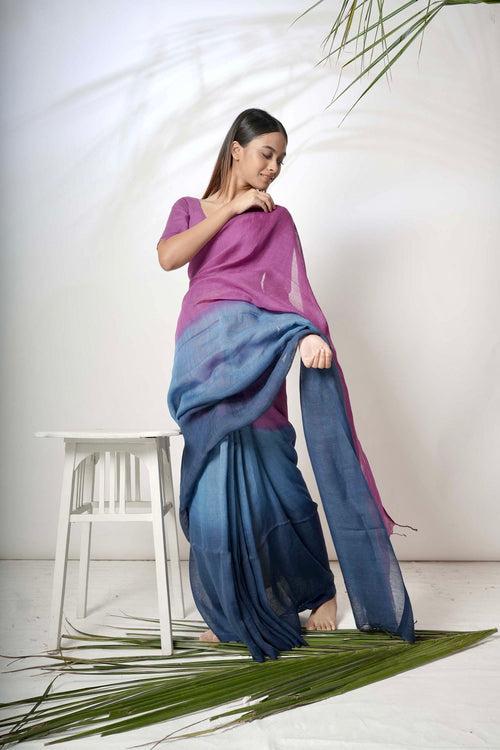 Neel Gagan I Blue and Purple Handloom Linen Saree