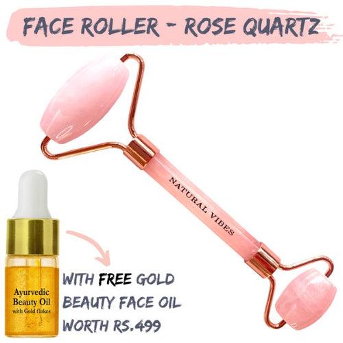 Rose Quartz Face Yoga Massage Roller with FREE Gold Beauty Elixir Oil 3ml