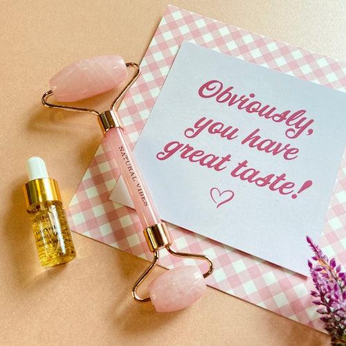 Rose Quartz Face Yoga Massage Roller with FREE Gold Beauty Elixir Oil 3ml