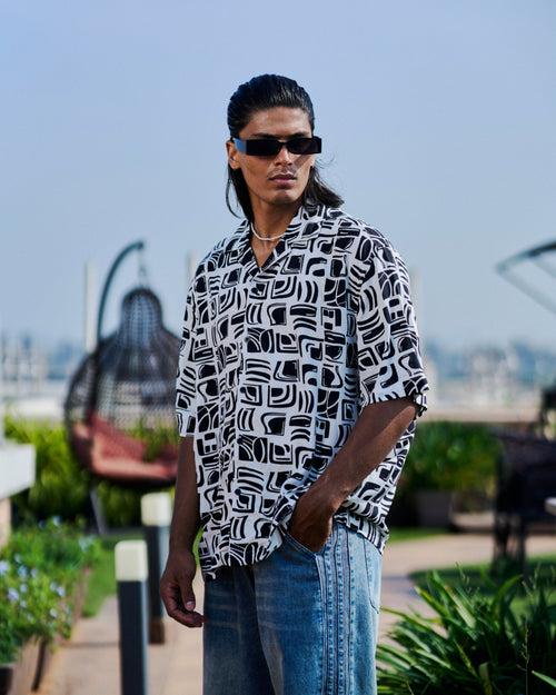 Black and White Opaque Printed Drop-shoulder Half Sleeve Rayon Shirt