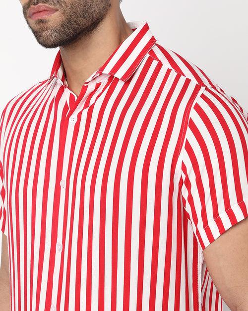 Red & White Vibrant Stripes Rayon Printed Half Sleeve Shirt