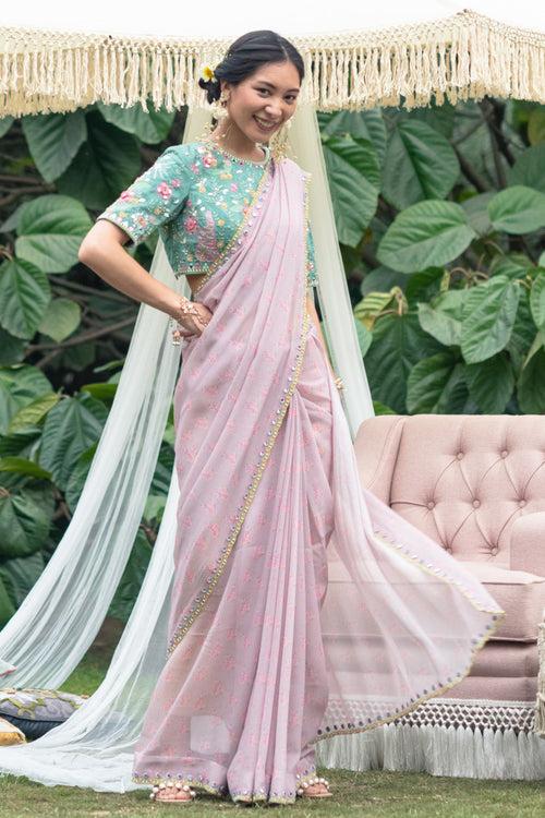 Pink Rainbow Saree With Green Magic Top With Sleeves (Ready To Ship)