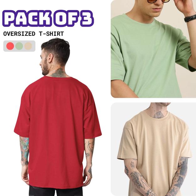 Pack of 3 Oversized T-shirt in Red, Sage Green, Beige