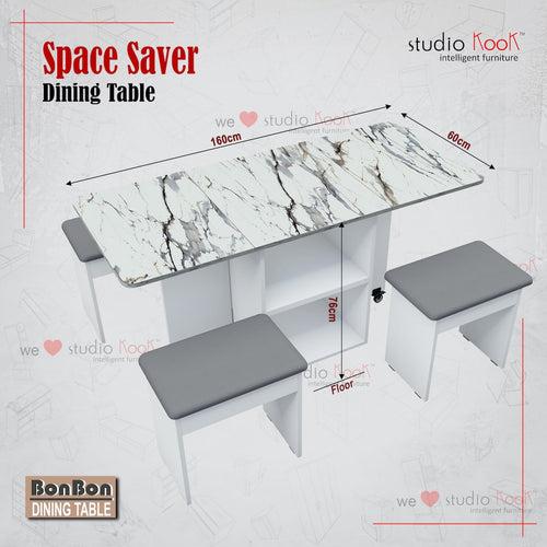 Bonbon 4 Seater Folding Dining Table with Inbuilt Seating (Marble Finish Laminate Top & Moonshine White)