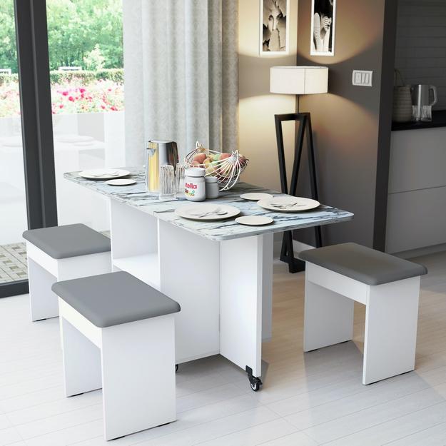 Bonbon 4 Seater Folding Dining Table with Inbuilt Seating (Marble Finish Laminate Top & Moonshine White)