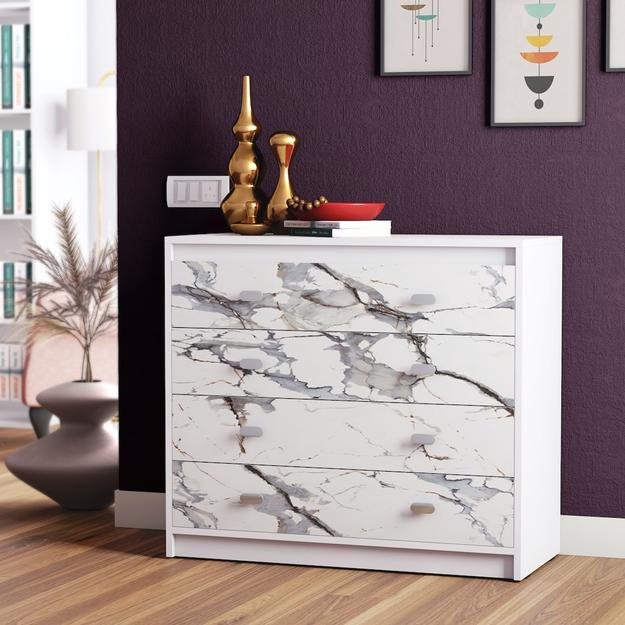 Majestic Chest of Drawers (Marble finish Laminate & Moonshine White)