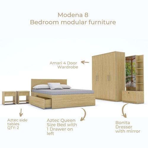 Modena 08: Set of 5 Bedroom Furniture - 4 door Wardrobe, Queen Bed  Left, Dresser and Side Tables