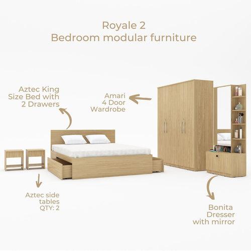 Royale 2 set of 5 modular furniture - King Bed, 4 Door Wardrobe, Dresser with Mirror and 2 side tables