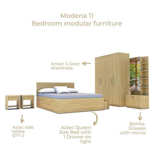 Modena 11: Set of 5 Bedroom Furniture - 4 door Wardrobe, Queen Bed Right, Dresser and Side Tables