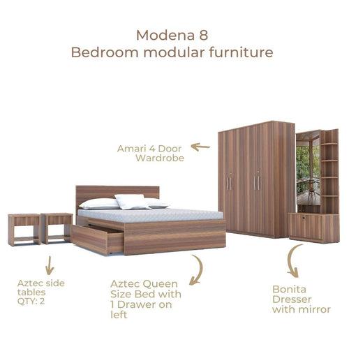 Modena 08: Set of 5 Bedroom Furniture - 4 door Wardrobe, Queen Bed  Left, Dresser and Side Tables