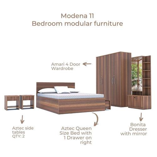 Modena 11: Set of 5 Bedroom Furniture - 4 door Wardrobe, Queen Bed Right, Dresser and Side Tables