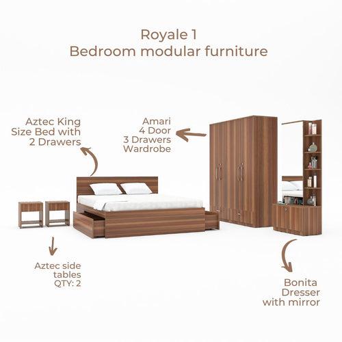 Royale 1 set of 5 modular furniture - King Bed, 4 Door Wardrobe, Dresser with Mirror and 2 side tables