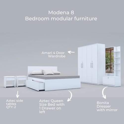 Modena 08: Set of 5 Bedroom Furniture - 4 door Wardrobe, Queen Bed  Left, Dresser and Side Tables