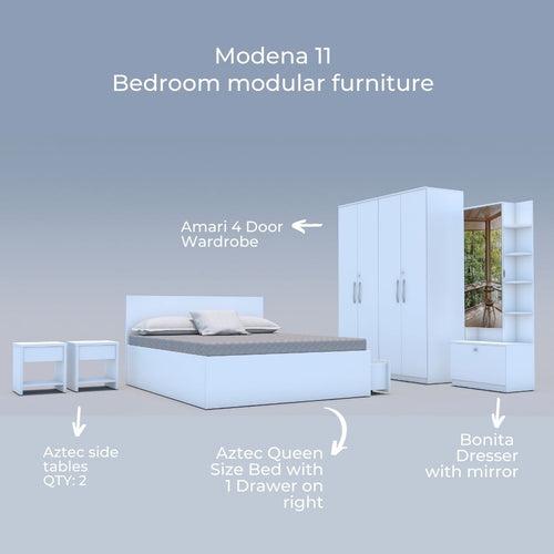 Modena 11: Set of 5 Bedroom Furniture - 4 door Wardrobe, Queen Bed Right, Dresser and Side Tables