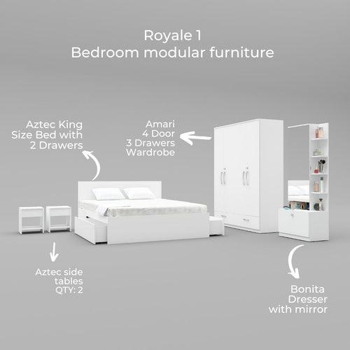 Royale 1 set of 5 modular furniture - King Bed, 4 Door Wardrobe, Dresser with Mirror and 2 side tables