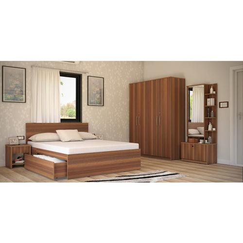 Modena 08: Set of 5 Bedroom Furniture - 4 door Wardrobe, Queen Bed  Left, Dresser and Side Tables