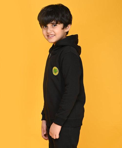 BLACK SPORTY BOYS FLEECE ZIPPER HOODIE - BLACK