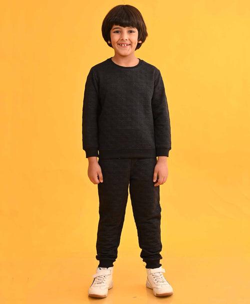 QUILTED BLACK MELANGE FLEECE BOYS SWEATSHIRT JOGGER SET  - BLACK