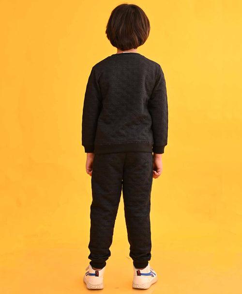 QUILTED BLACK MELANGE FLEECE BOYS SWEATSHIRT JOGGER SET  - BLACK