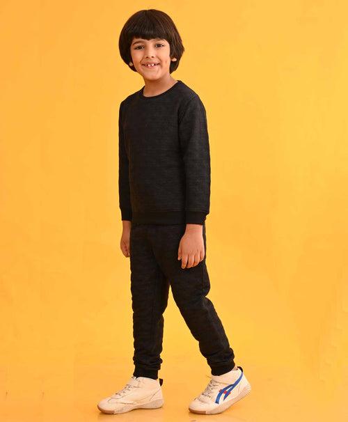 QUILTED BLACK MELANGE FLEECE BOYS SWEATSHIRT JOGGER SET  - BLACK