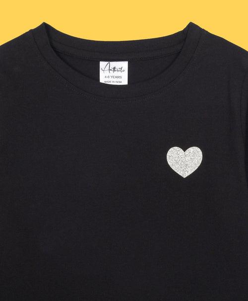 SILVER HEART BLACK LONG SLEEVES T-SHIRT - BLACK