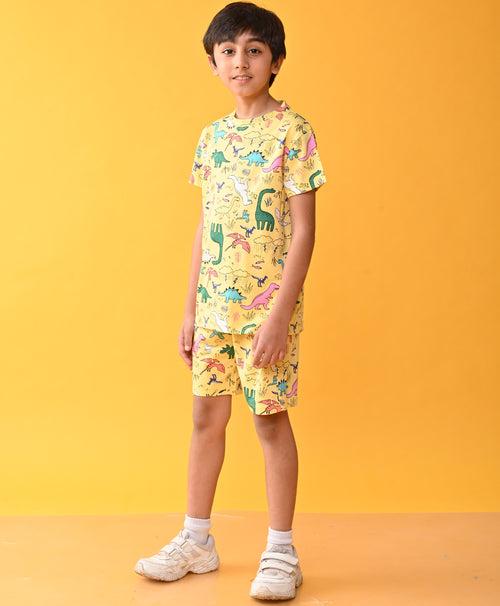 RAINING DINOSAUR SLEEPWEAR SHORTS SET - YELLOW