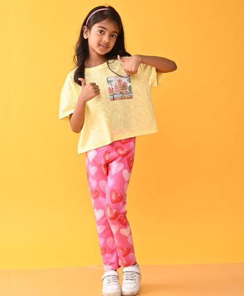 AMSTERDAM YELLOW TSHIRT HEART PINK LEGGINGS SET - YELLOW /PINK