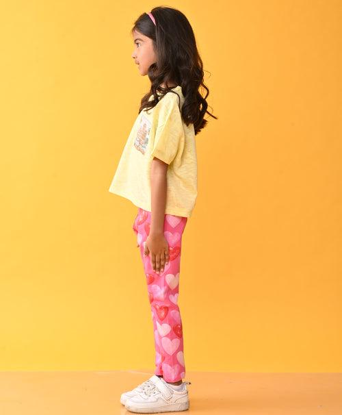 AMSTERDAM YELLOW TSHIRT HEART PINK LEGGINGS SET - YELLOW /PINK