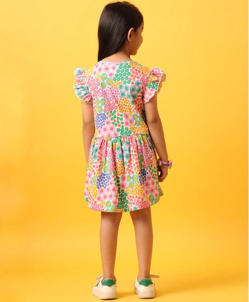 FLOWERS PRINT FRILL DRESS-PINK