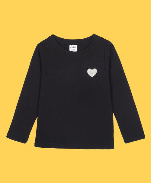 SILVER HEART BLACK LONG SLEEVES T-SHIRT - BLACK