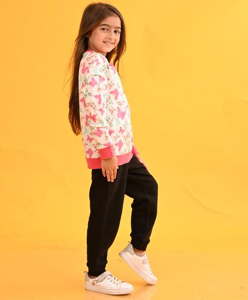 BUTTERFLY GIRLS TERRY SWEATSHIRT BLACK JOGGER SET - WHITE/BLACK