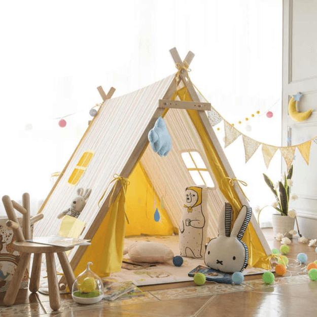 Wooden Teepee Tent for Kids with Padded Cotton Mat