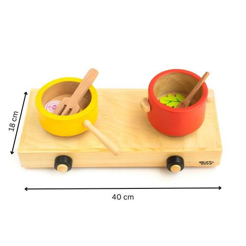 Kitchen Toy Combo (3+ Years) - Wooden Gas Stove and Cooking Set (10 Pcs)