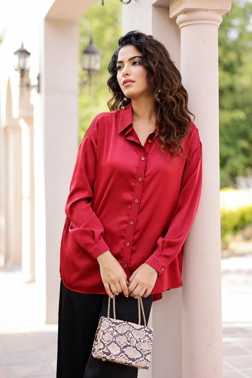 Iris -Unbasic Satin Silk Shirt (Red, Green and Black)