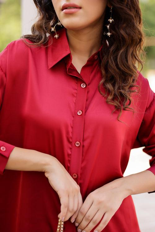 Iris -Unbasic Satin Silk Shirt (Red, Green and Black)