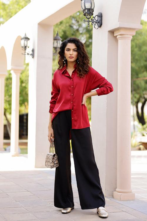 Iris -Unbasic Satin Silk Shirt (Red, Green and Black)