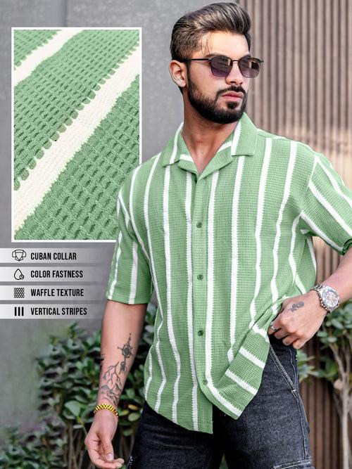 Popcorn Knit Vertical Stripe Green Shirt