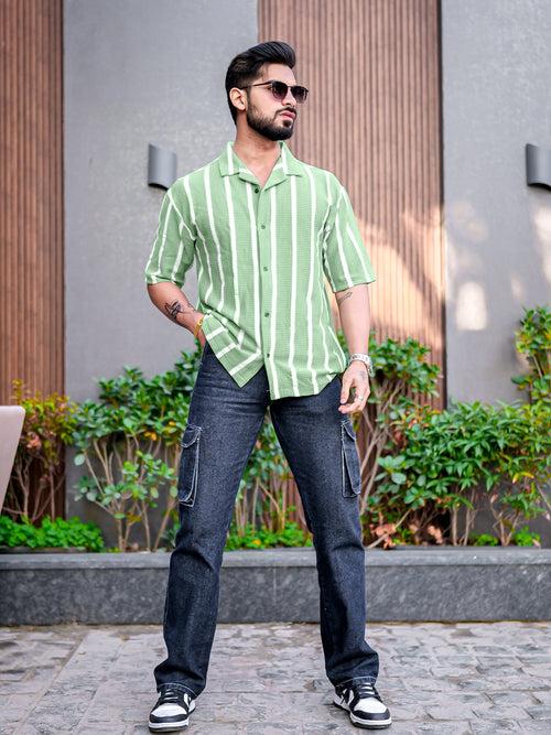 Popcorn Knit Vertical Stripe Green Shirt