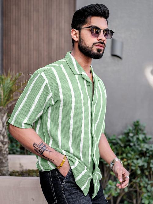 Popcorn Knit Vertical Stripe Green Shirt