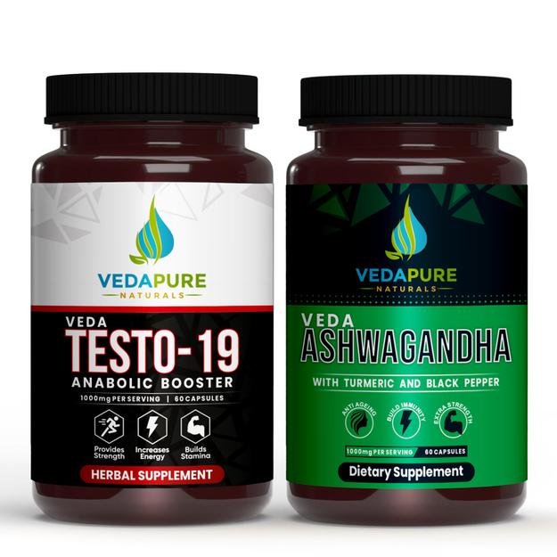 Vedapure Naturals Veda Testo-19 Anabolic Booster - 60 Capsules &  Veda Ashwagandha Anxiety & Stress Relief-60 capsules Combo Pack