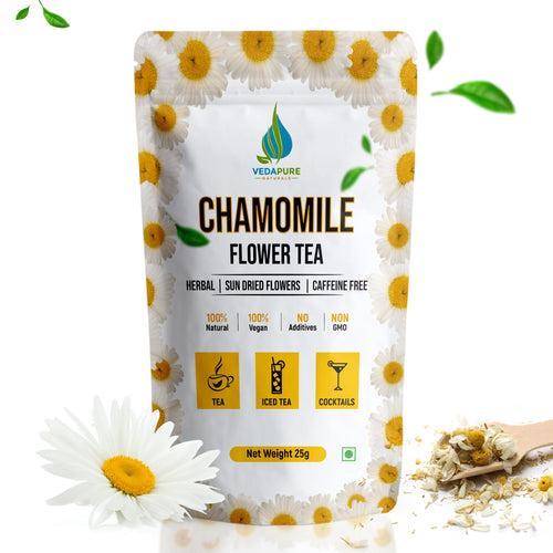 Vedapure Naturals Chamomile Tea | Sun Dried Whole Chamomile Flower Buds | Stress Relief & Good Sleep Tea | Caffeine Free Pure Herbal Bed Time Tea | - 25 Gm