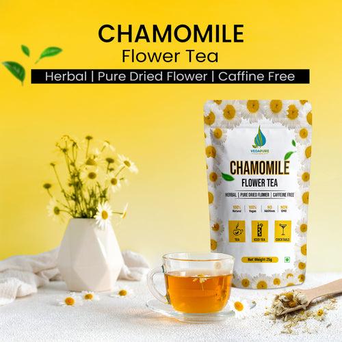 Vedapure Naturals Chamomile Tea | Sun Dried Whole Chamomile Flower Buds | Stress Relief & Good Sleep Tea | Caffeine Free Pure Herbal Bed Time Tea | - 25 Gm