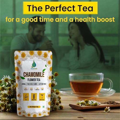 Vedapure Naturals Chamomile Tea | Sun Dried Whole Chamomile Flower Buds | Stress Relief & Good Sleep Tea | Caffeine Free Pure Herbal Bed Time Tea | - 25 Gm