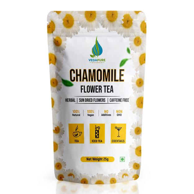 Vedapure Naturals Chamomile Tea | Sun Dried Whole Chamomile Flower Buds | Stress Relief & Good Sleep Tea | Caffeine Free Pure Herbal Bed Time Tea | - 25 Gm